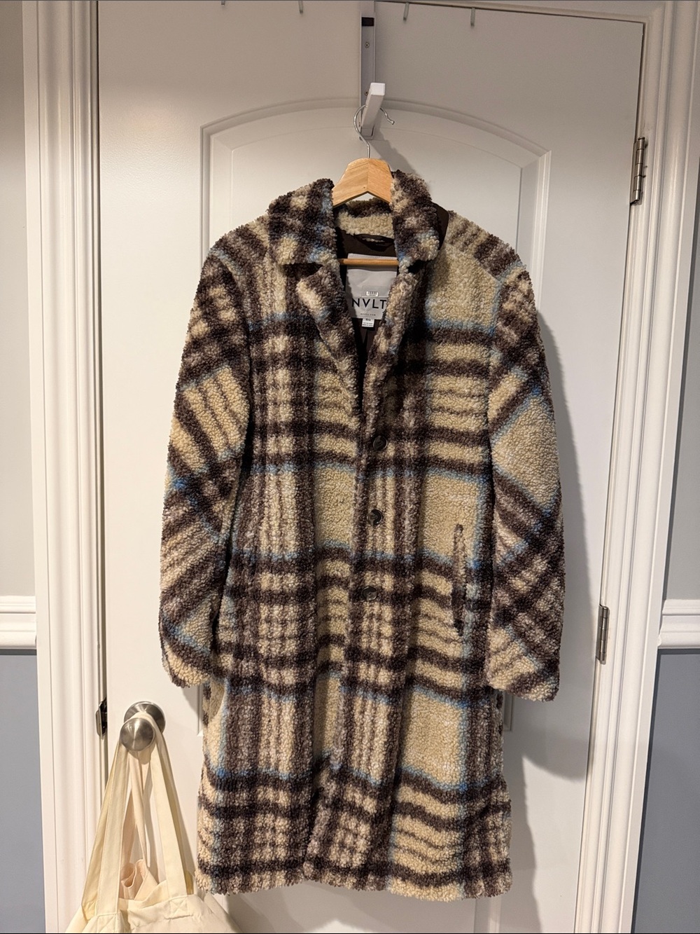NVLT Plaid Teddy Coat in Beige, Brown and Light Blue